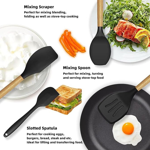 12-Piece Silicone Cooking Utensils Set with Wooden Handles