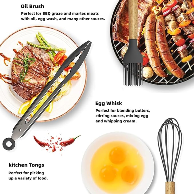 12-Piece Silicone Cooking Utensils Set with Wooden Handles