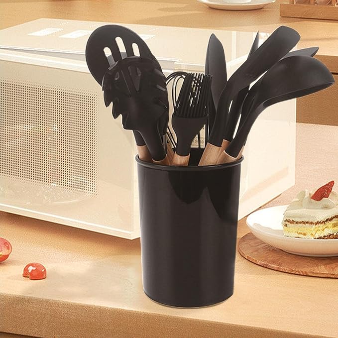 12-Piece Silicone Cooking Utensils Set with Wooden Handles