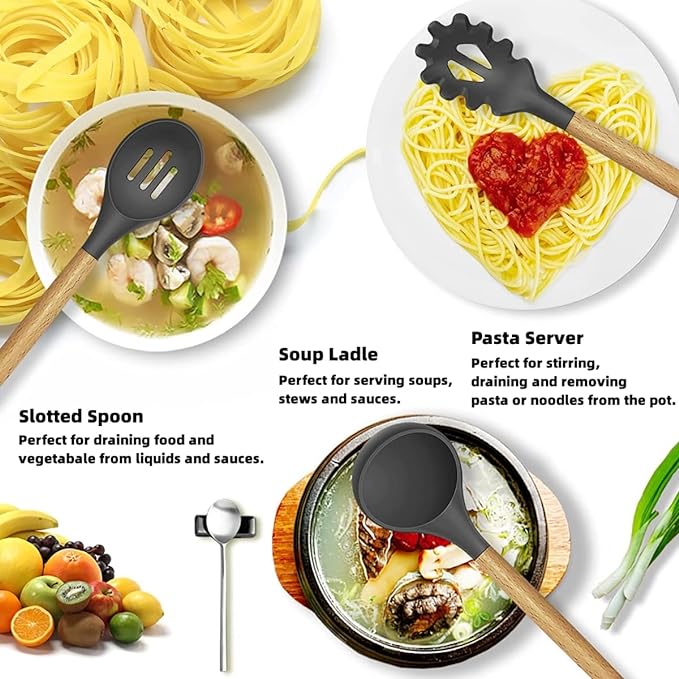 12-Piece Silicone Cooking Utensils Set with Wooden Handles
